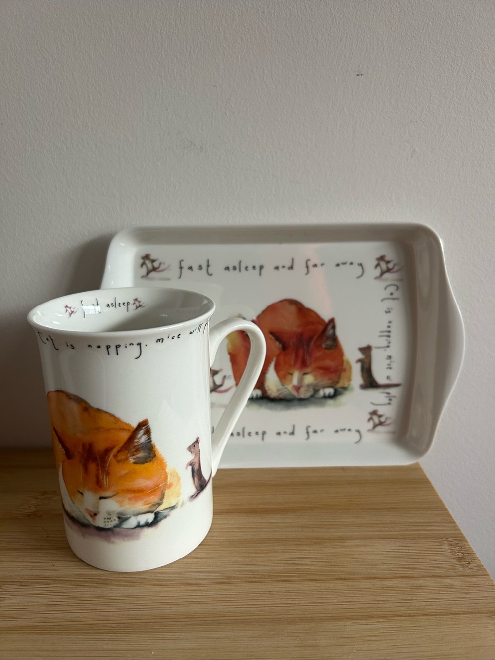Vintage Kent Pottery Mug and Plastic Plate Set, “cat is napping, mice will play”